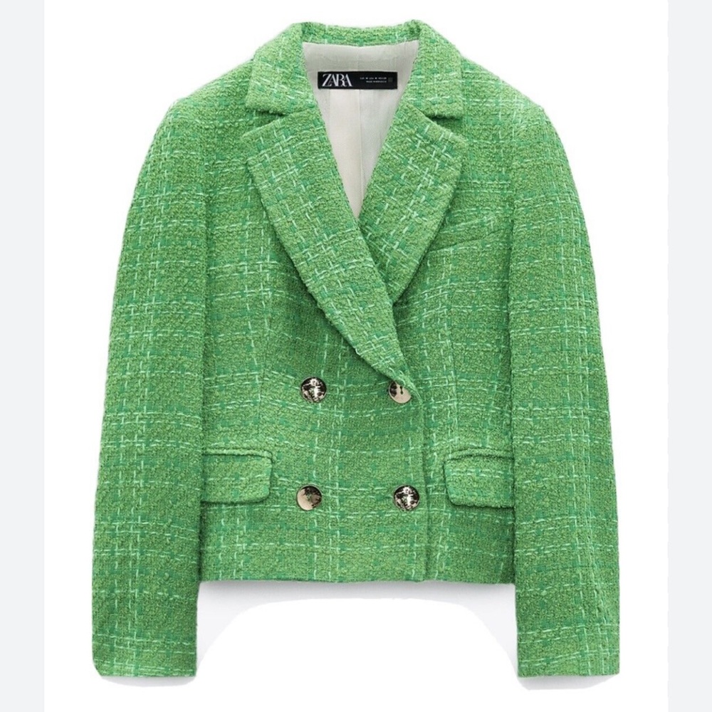 Zara Green Tweed Cropped Blazer Gem